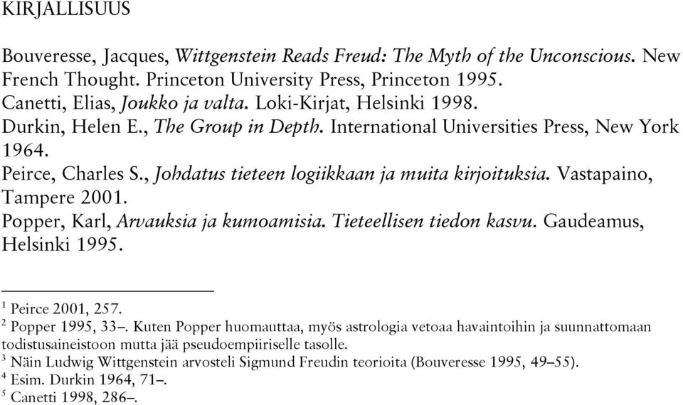 Vastapaino, Tampere 2001. Popper, Karl, Arvauksia ja kumoamisia. Tieteellisen tiedon kasvu. Gaudeamus, Helsinki 1995. 1 Peirce 2001, 257. 2 Popper 1995, 33.