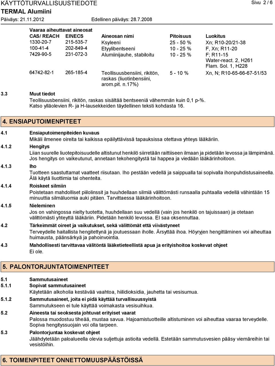 1, H228 64742-82-1 265-185-4 Teollisuusbensiini, rikitön, raskas (liuotinbensiini, arom.pit. n.17%) 5-10 % Xn, N; R10-65-66-67-51/53 3.