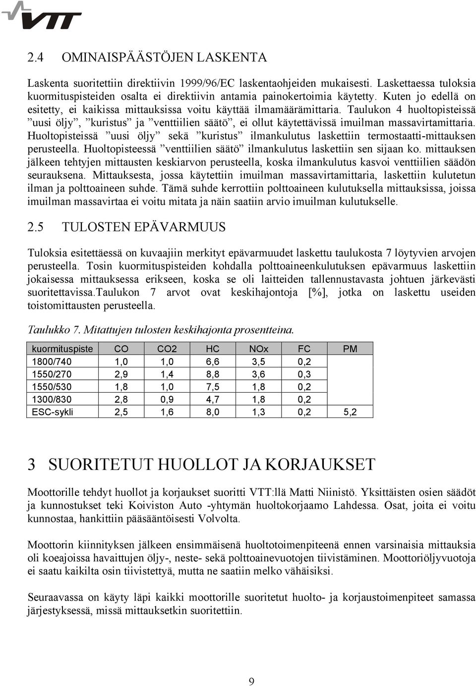 Taulukon 4 huoltopisteissä uusi öljy, kuristus ja venttiilien säätö, ei ollut käytettävissä imuilman massavirtamittaria.