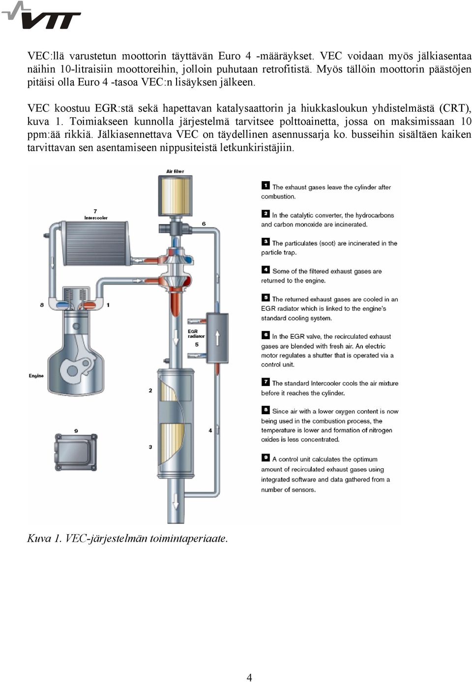 VEC koostuu EGR:stä sekä hapettavan katalysaattorin ja hiukkasloukun yhdistelmästä (CRT), kuva 1.
