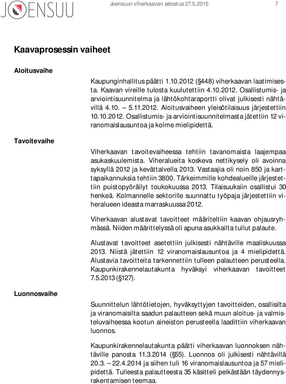 Viherkaavan tavoitevaiheessa tehtiin tavanomaista laajempaa asukaskuulemista. Viheralueita koskeva nettikysely oli avoinna syksyllä 2012 ja kevättalvella 2013.