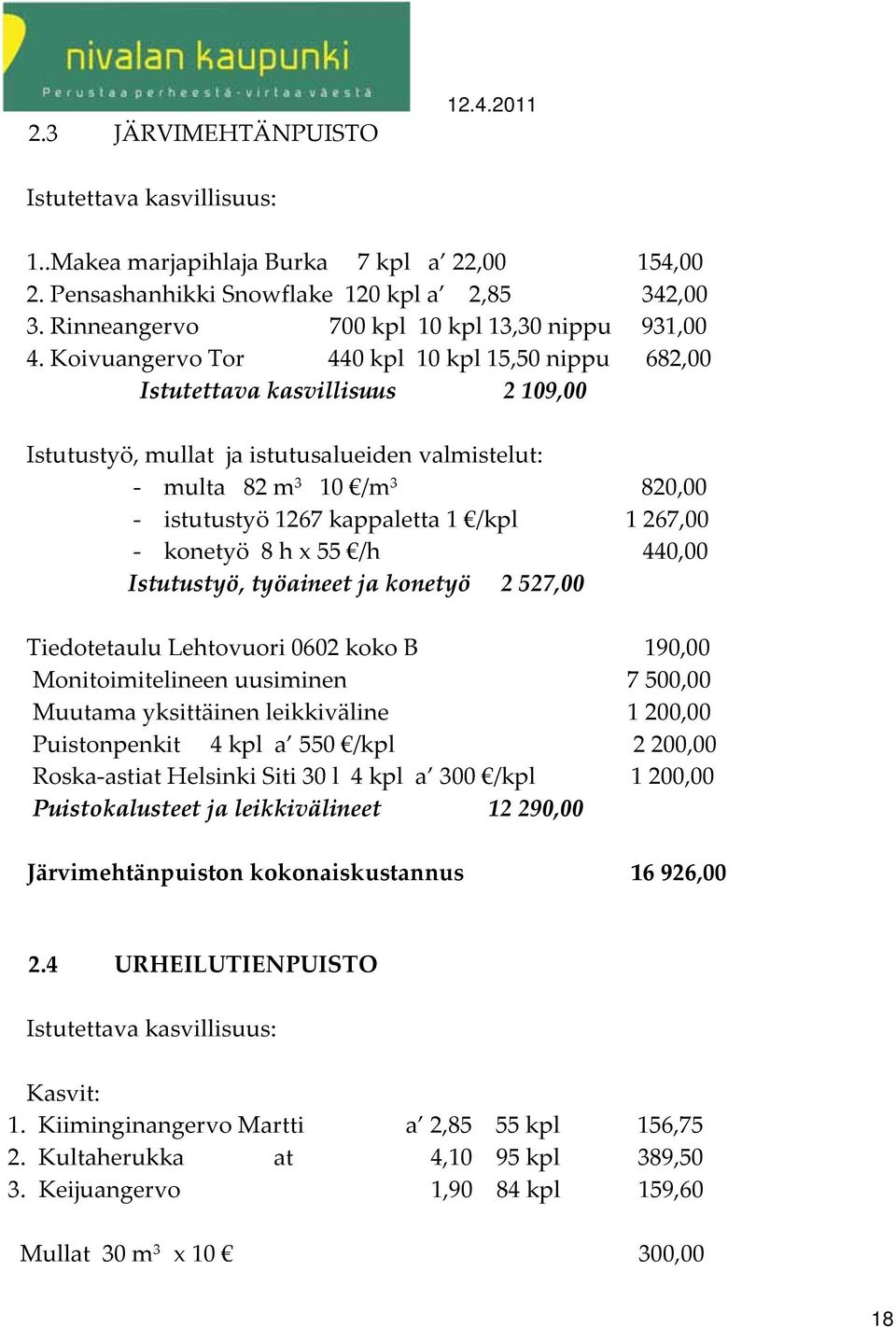 Koivuangervo Tor 440 kpl 10 kpl 15,50 nippu 682,00 Istutettava kasvillisuus 2 109,00 Istutustyö, mullat ja istutusalueiden valmistelut: multa 82 m 3 10 /m 3 820,00 istutustyö 1267 kappaletta 1 /kpl 1