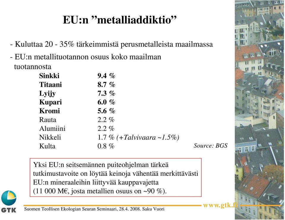 2 % Nikkeli 1.7 % (+Talvivaara ~1.5%) Kulta 0.