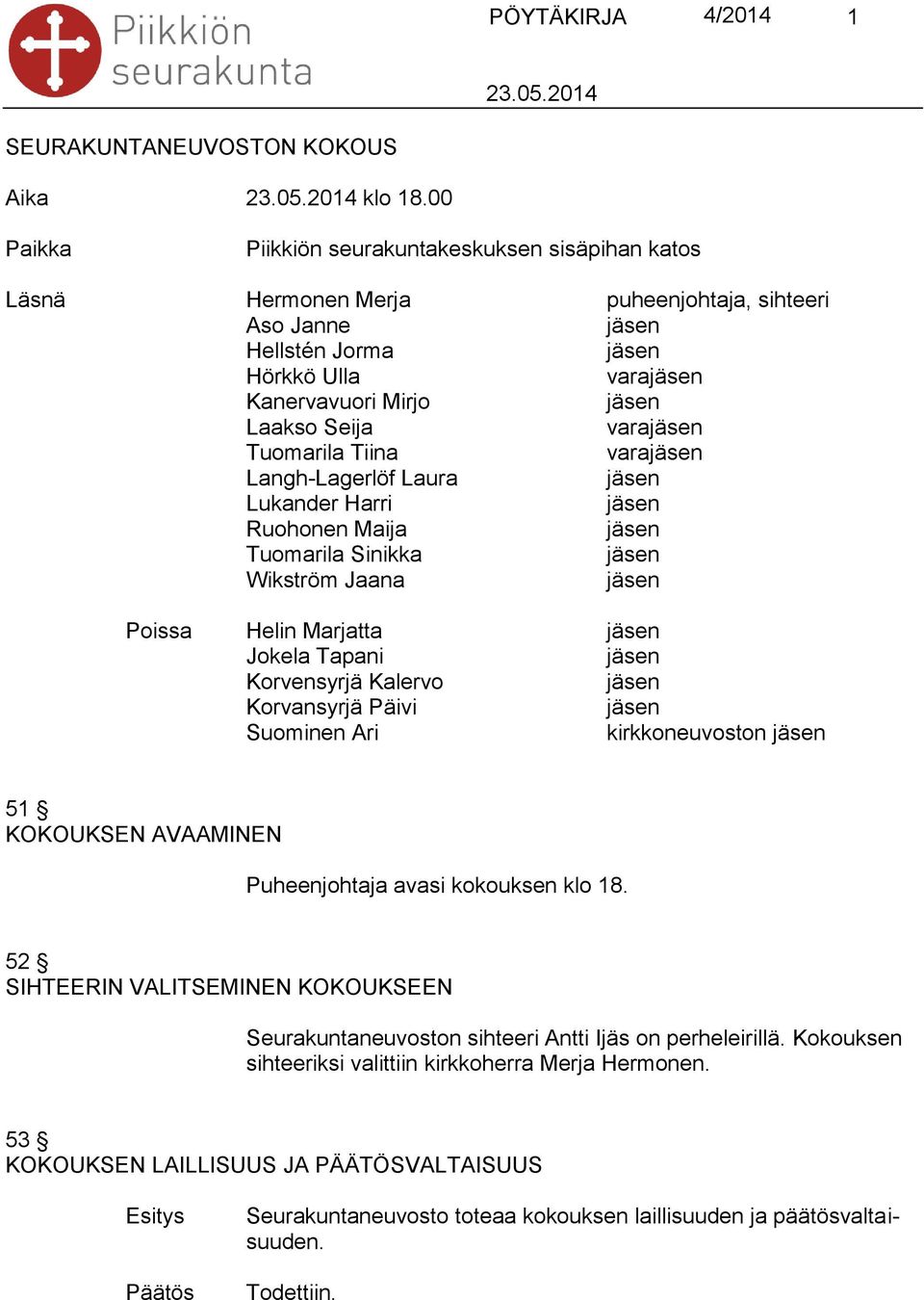 vara Langh-Lagerlöf Laura Lukander Harri Ruohonen Maija Tuomarila Sinikka Wikström Jaana Poissa Helin Marjatta Jokela Tapani Korvensyrjä Kalervo Korvansyrjä Päivi Suominen Ari kirkkoneuvoston 51