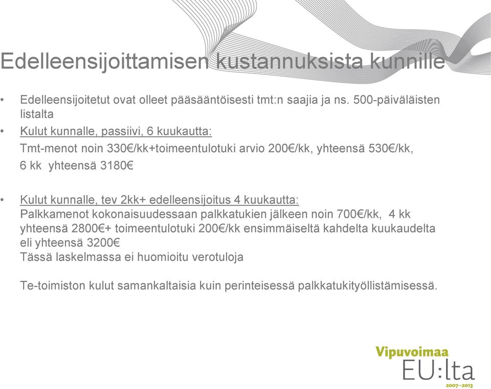 3180 Kulut kunnalle, tev 2kk+ edelleensijoitus 4 kuukautta: Palkkamenot kokonaisuudessaan palkkatukien jälkeen noin 700 /kk, 4 kk yhteensä 2800 +