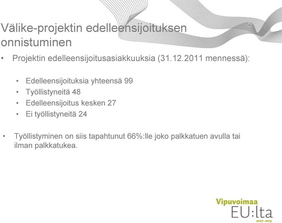 2011 mennessä): Edelleensijoituksia yhteensä 99 Työllistyneitä 48