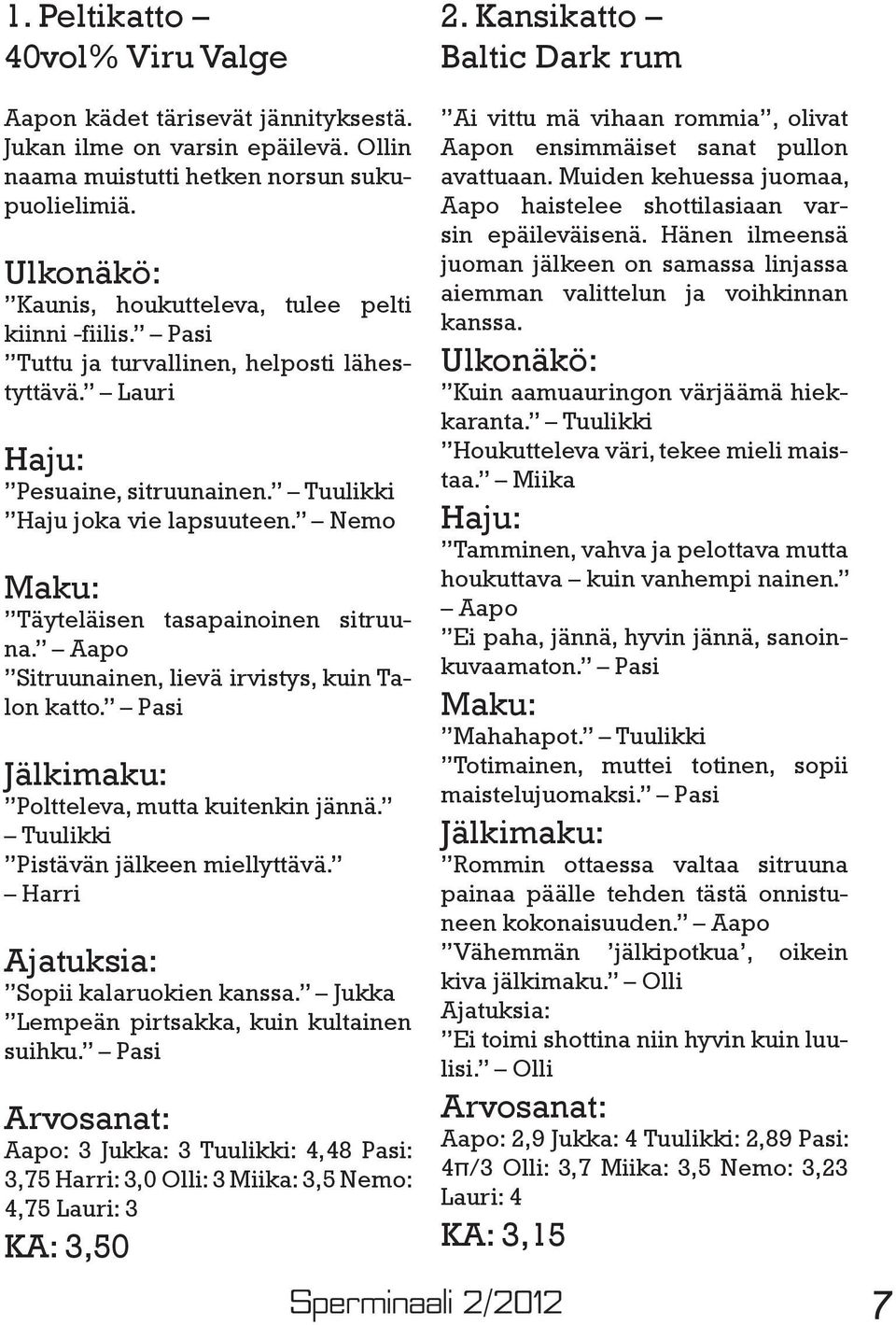 Nemo Maku: Täyteläisen tasapainoinen sitruuna. Aapo Sitruunainen, lievä irvistys, kuin Talon katto. Pasi Jälkimaku: Poltteleva, mutta kuitenkin jännä. Tuulikki Pistävän jälkeen miellyttävä.