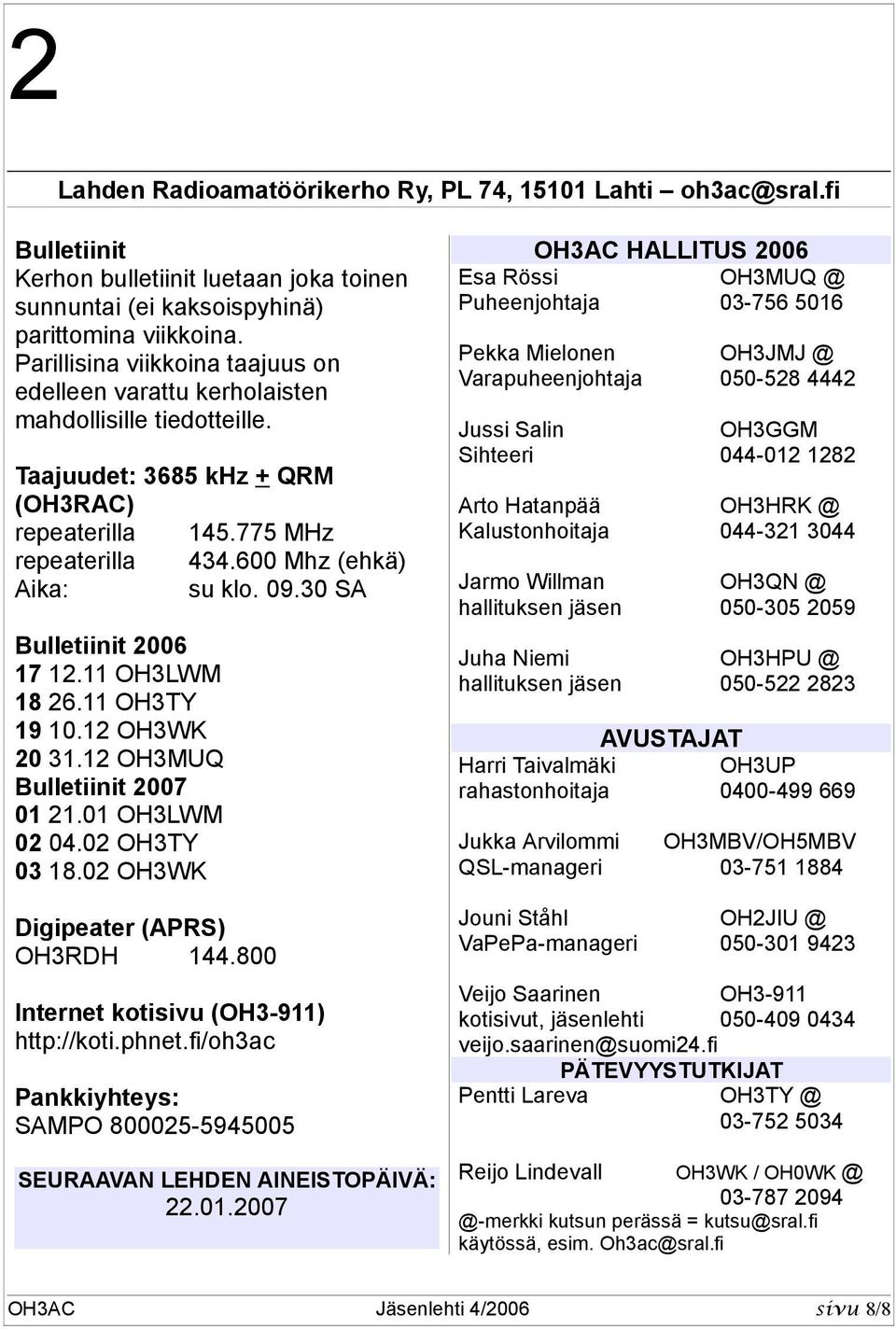 30 SA Bulletiinit 2006 17 12.11 OH3LWM 18 26.11 OH3TY 19 10.12 OH3WK 20 31.12 OH3MUQ Bulletiinit 2007 01 21.01 OH3LWM 02 04.02 OH3TY 03 18.02 OH3WK Digipeater (APRS) OH3RDH 144.