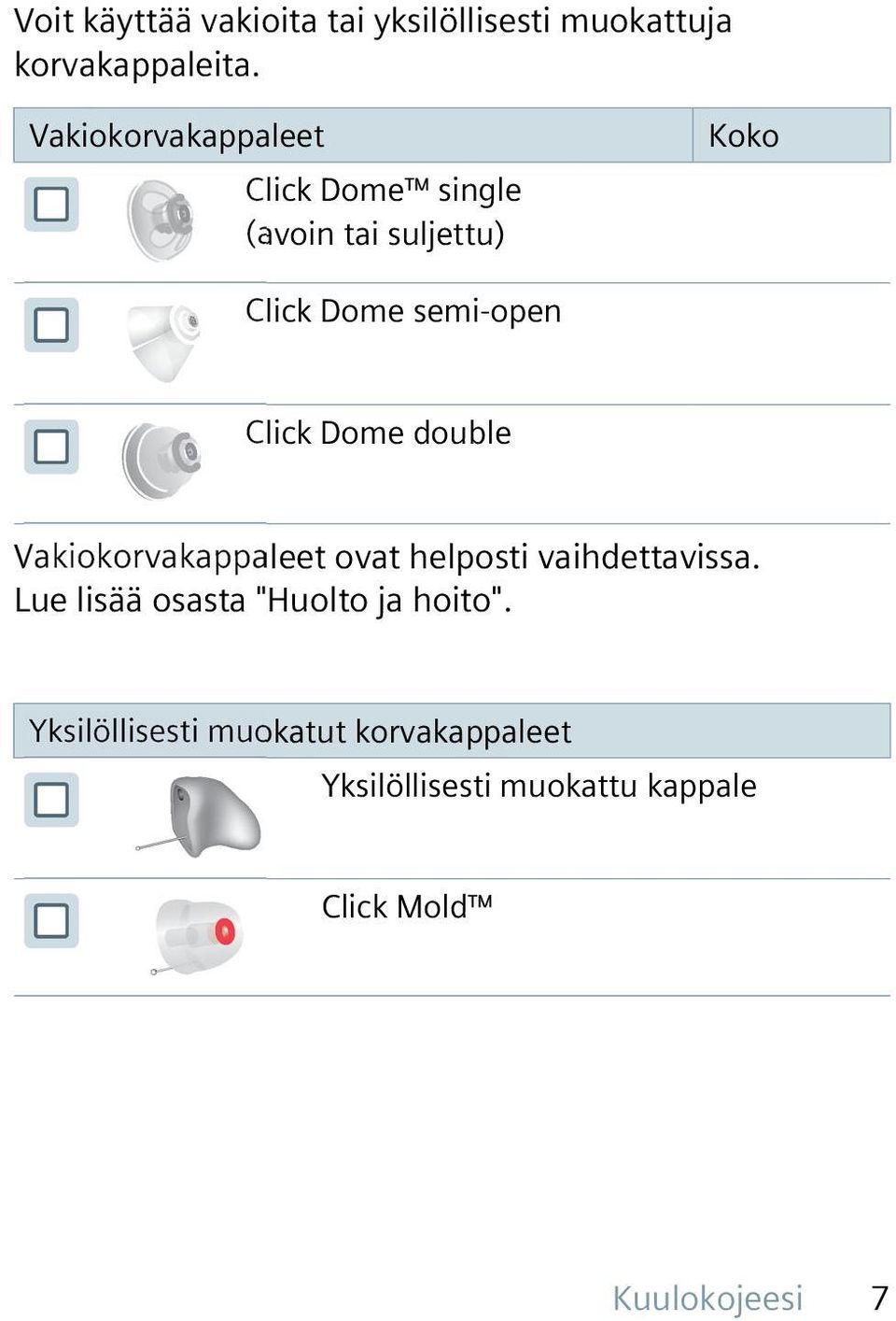 Click Dome double Vakiokorvakappaleet ovat helposti vaihdettavissa.