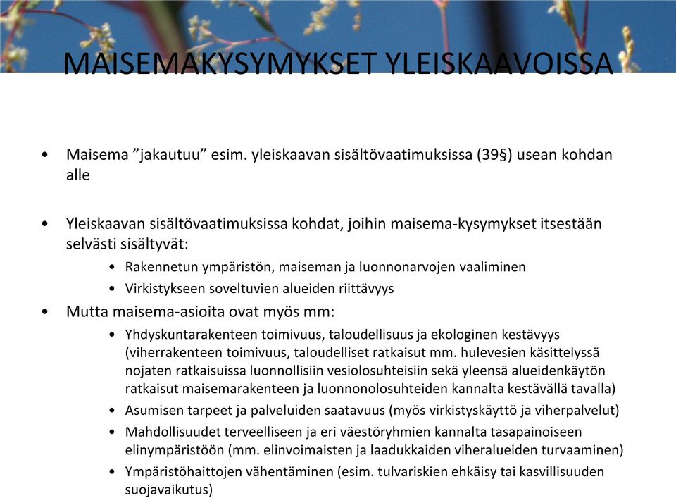 luonnonarvojen vaaliminen Virkistykseen soveltuvien alueiden riittävyys Mutta maisema-asioita ovat myös mm: Yhdyskuntarakenteen toimivuus, taloudellisuus ja ekologinen kestävyys (viherrakenteen