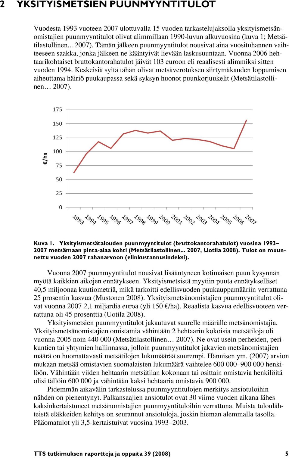 Vuonna 2006 hehtaarikohtaiset bruttokantorahatulot jäivät 103 euroon eli reaalisesti alimmiksi sitten vuoden 1994.