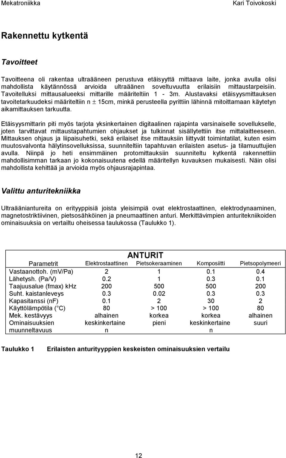 Alustaaksi etäisyysittauksen taoitetarkuudeksi ääriteltiin n ± 5c, inkä perusteella pyrittiin lähinnä itoittaaan käytetyn aikaittauksen tarkuutta.