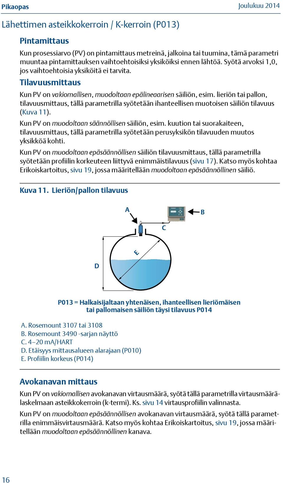 lieriön tai pallon, tilavuusmittaus, tällä parametrilla syötetään ihanteellisen muotoisen säiliön tilavuus (Kuva 11). Kun PV on muodoltaan säännöllisen säiliön, esim.