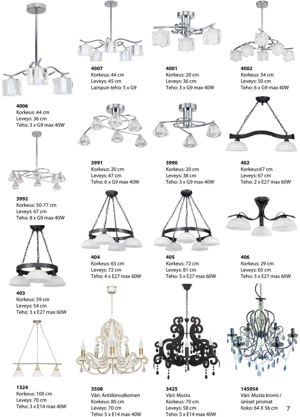 50-77 cm Leveys: 67 cm Teho: 8 x G9 max 40W 404 Korkeus: 65 cm Leveys: 72 cm Teho: 4 x E27 max 60W 405 Korkeus: 72 cm Leveys: 81 cm Teho: 5 x E27 max 60W 406 Korkeus: 29 cm Leveys: 65 cm Teho: 3 x