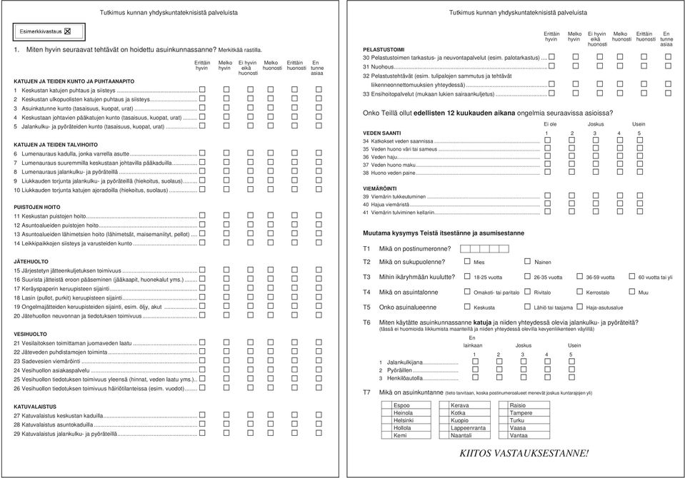 .. 2 Keskustan ulkopuolisten katujen puhtaus ja siisteys... Asuinkatunne kunto (tasaisuus, kuopat, urat)... 4 Keskustaan johtavien pääkatujen kunto (tasaisuus, kuopat, urat).