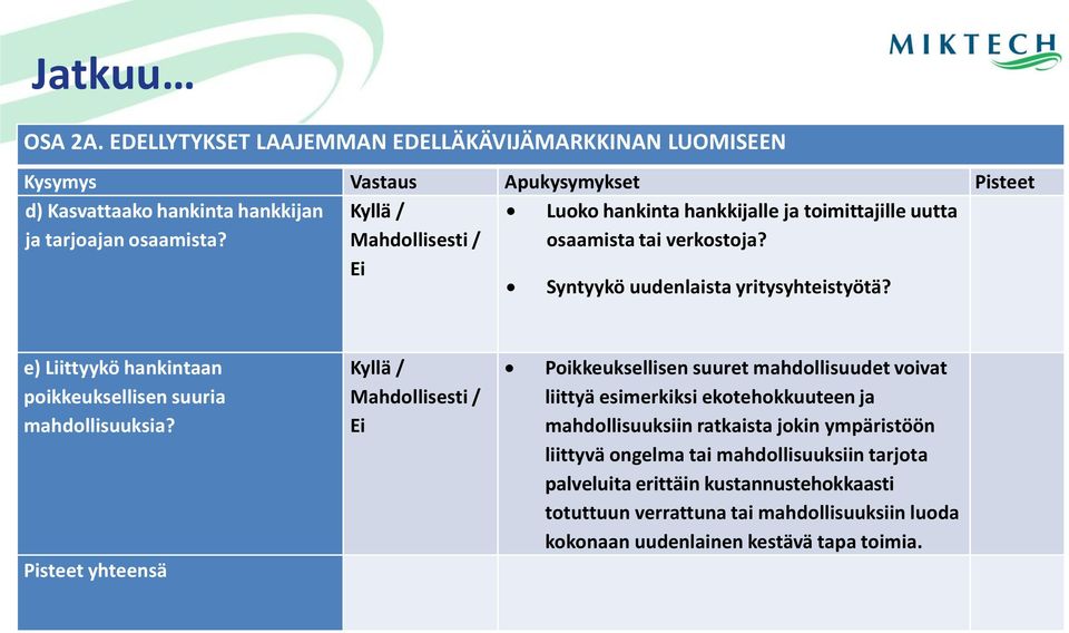 e) Liittyykö hankintaan poikkeuksellisen suuria mahdollisuuksia?