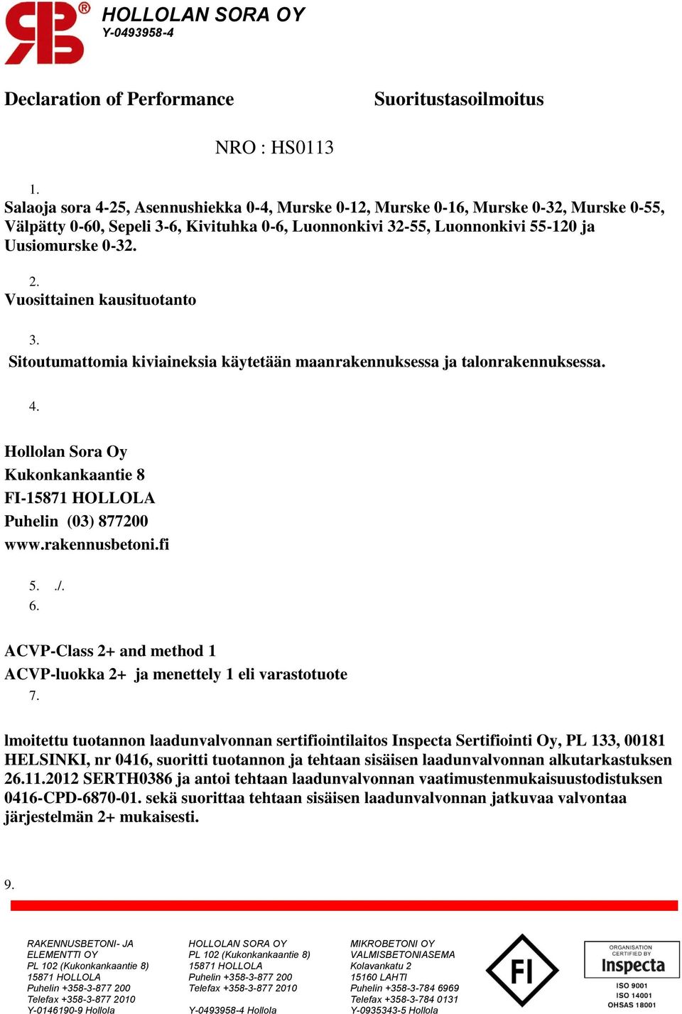 Vuosittainen kausituotanto 3. Sitoutumattomia kiviaineksia käytetään maanrakennuksessa ja talonrakennuksessa. 4. n Sora Oy Kukonkankaantie 8 FI-15871 HOLLOLA Puhelin (03) 877200 www.rakennusbetoni.