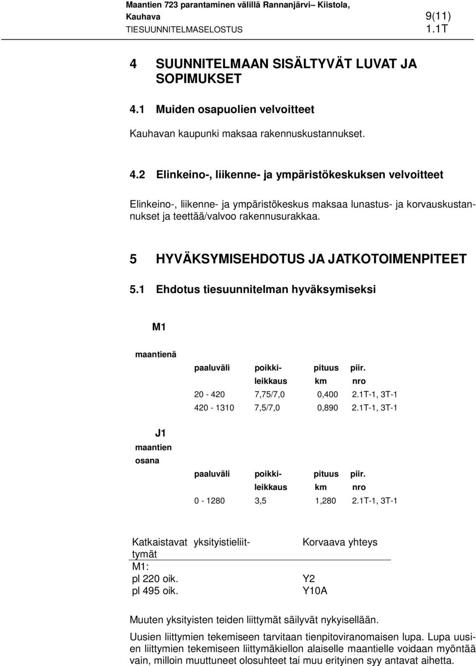 1T-1, 3T-1 420-1310 7,5/7,0 0,890 2.1T-1, 3T-1 paaluväli poikki- pituus piir. leikkaus km nro 0-1280 3,5 1,280 2.1T-1, 3T-1 Katkaistavat yksityistieliittymät M1: pl 220 oik. pl 495 oik.