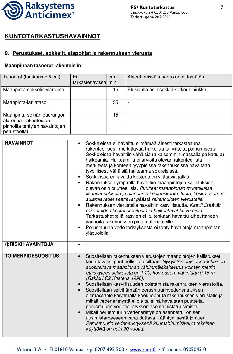 yläreuna 15 Etusivulla osin sokkelikorkeus niukka Maanpinta-lattiataso 35 - Maanpinta-seinän puurungon alareuna (rakenteiden pinnoilta tehtyjen havaintojen perusteella) 15 - HAVAINNOT Sokkeleissa ei
