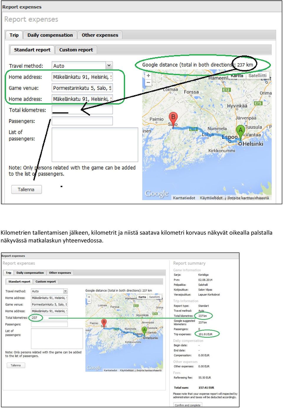 kilometri korvaus näkyvät oikealla