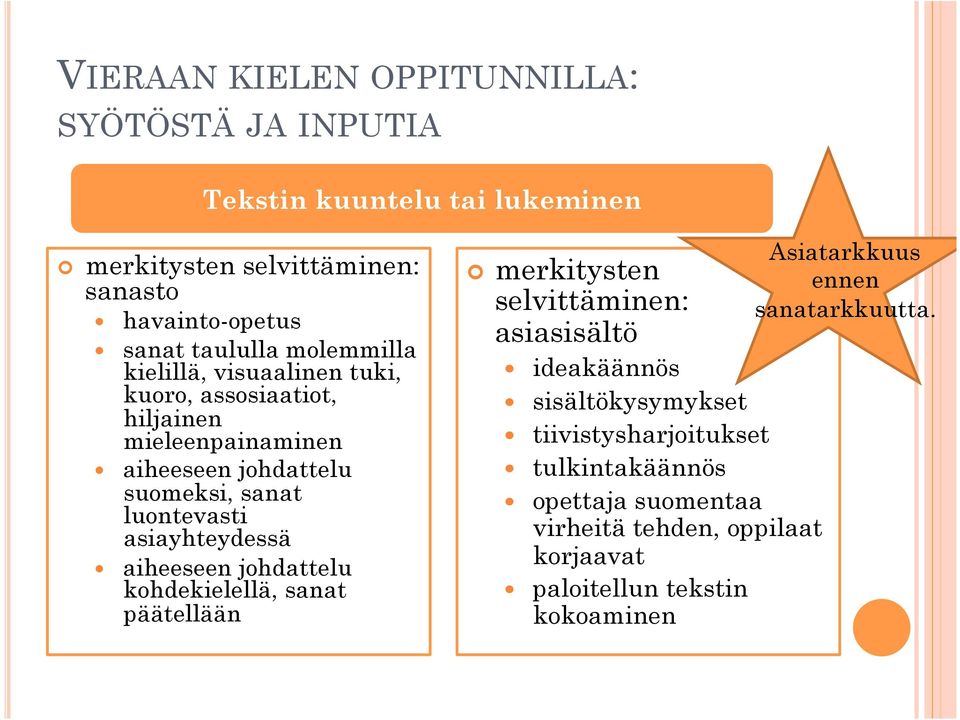 aiheeseen johdattelu kohdekielellä, sanat päätellään merkitysten selvittäminen: asiasisältö ideakäännös sisältökysymykset