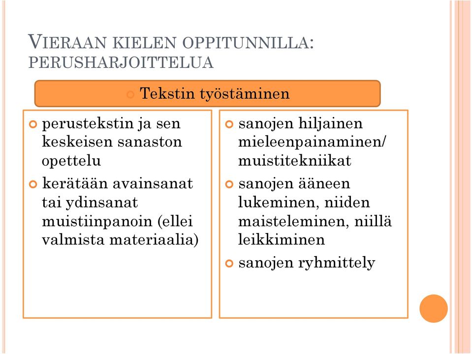 valmista materiaalia) sanojen hiljainen mieleenpainaminen/ muistitekniikat