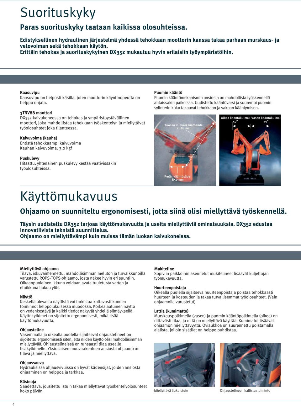 3TNV88 moottori DX35z-kaivukoneessa on tehokas ja ympäristöystävällinen moottori, joka mahdollistaa tehokkaan työskentelyn ja miellyttävät työolosuhteet joka tilanteessa.
