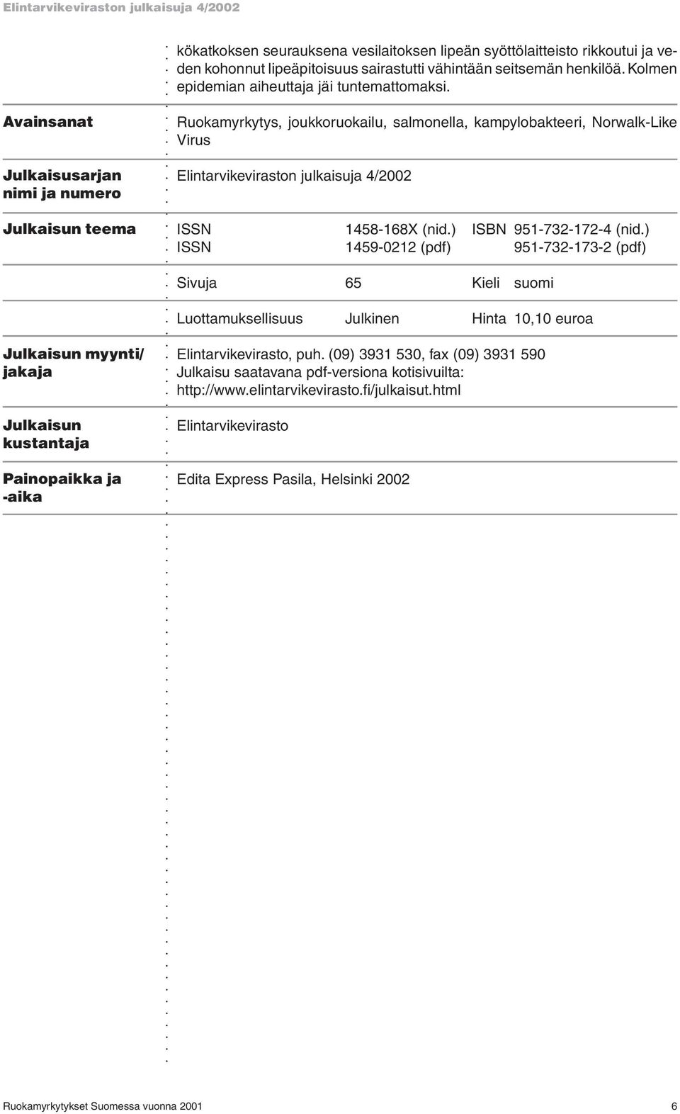 Avainsanat Julkaisusarjan nimi ja numero Julkaisun teema Ruokamyrkytys, joukkoruokailu, salmonella, kampylobakteeri, Norwalk-Like Virus Elintarvikeviraston julkaisuja 4/2002 ISSN 1458-168X (nid.