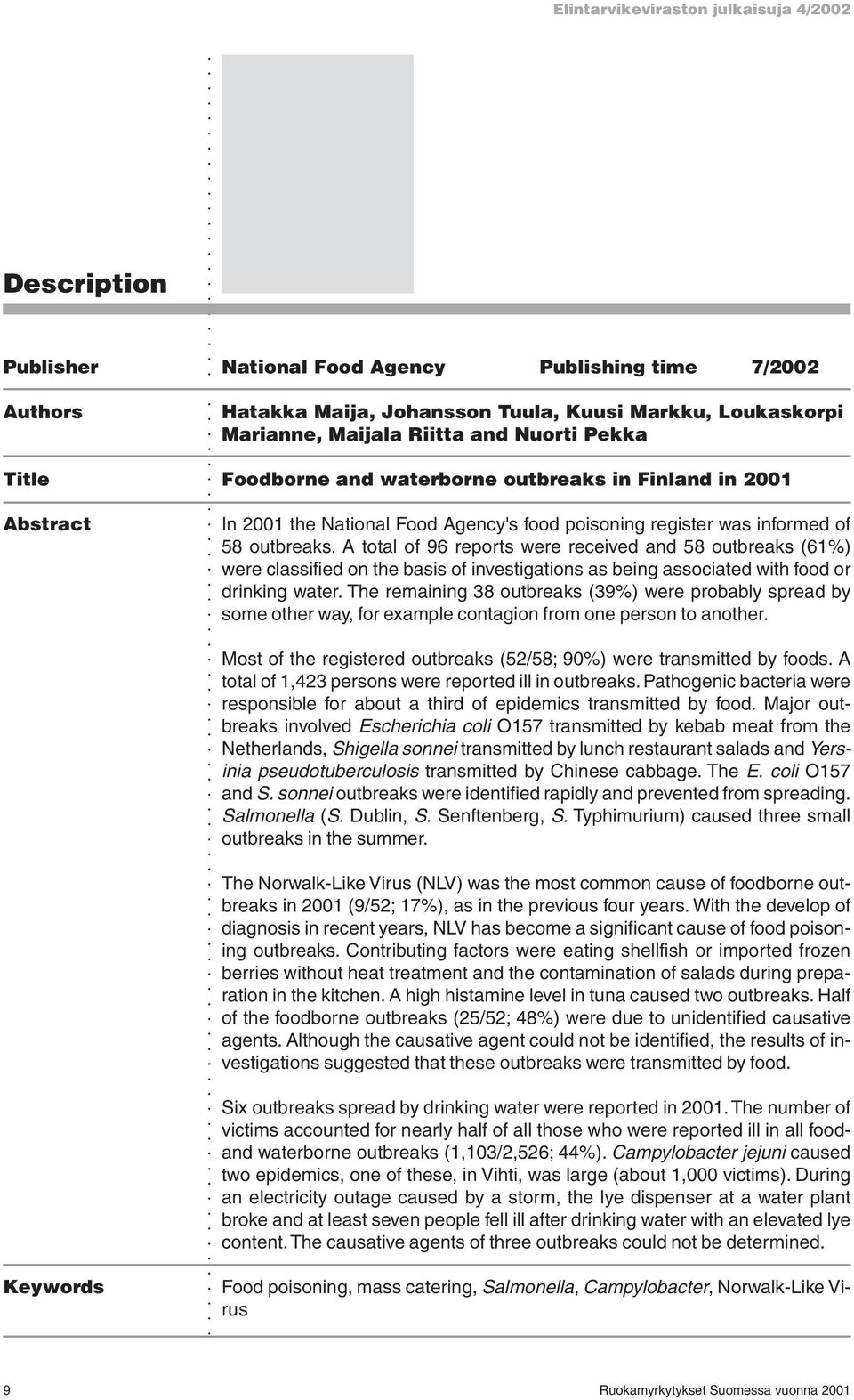 A total of 96 reports were received and 58 outbreaks (61%) were classified on the basis of investigations as being associated with food or drinking water.