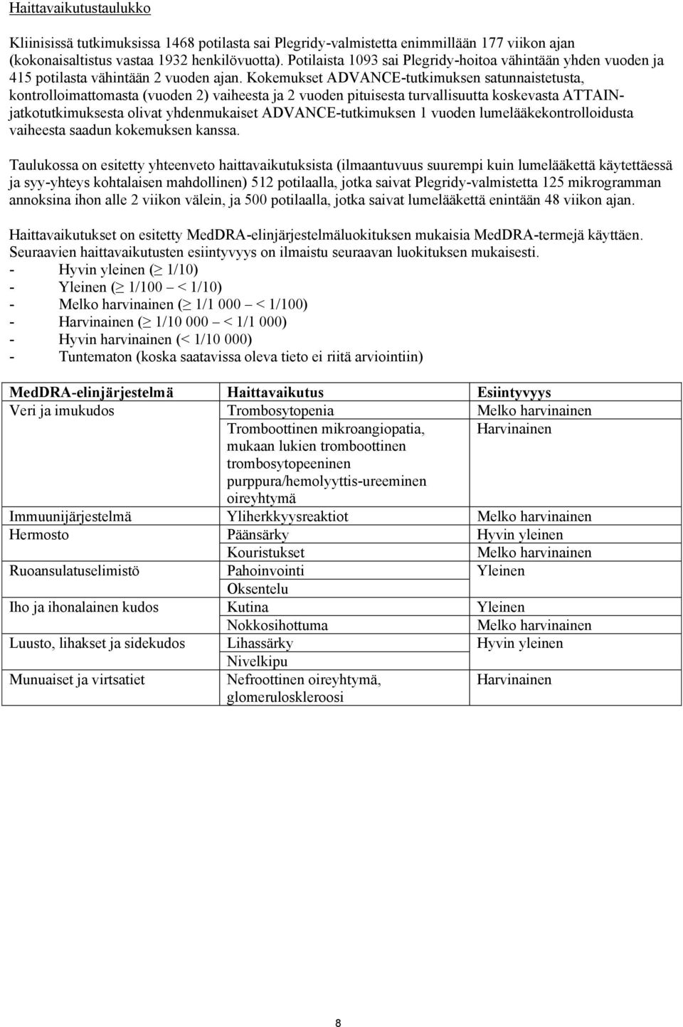 Kokemukset ADVANCE-tutkimuksen satunnaistetusta, kontrolloimattomasta (vuoden 2) vaiheesta ja 2 vuoden pituisesta turvallisuutta koskevasta ATTAINjatkotutkimuksesta olivat yhdenmukaiset