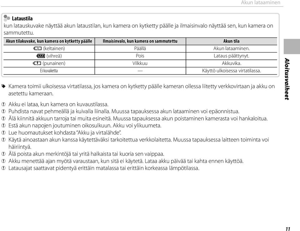 Ei kuvaketta Käyttö ulkoisessa virtatilassa. R Kamera toimii ulkoisessa virtatilassa, jos kamera on kytketty päälle kameran ollessa liitetty verkkovirtaan ja akku on asetettu kameraan.