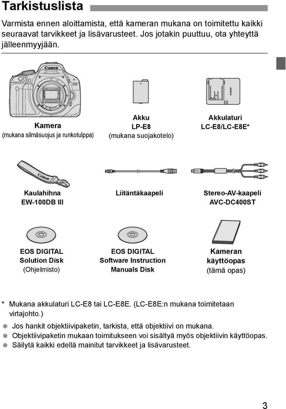 Solution Dis (Ohjelmisto) EOS DIGITAL Software Instruction Manuals Dis Kameran äyttöopas (tämä opas) * Muana aulaturi LC-E8 tai LC-E8E. (LC-E8E:n muana toimitetaan virtajohto.