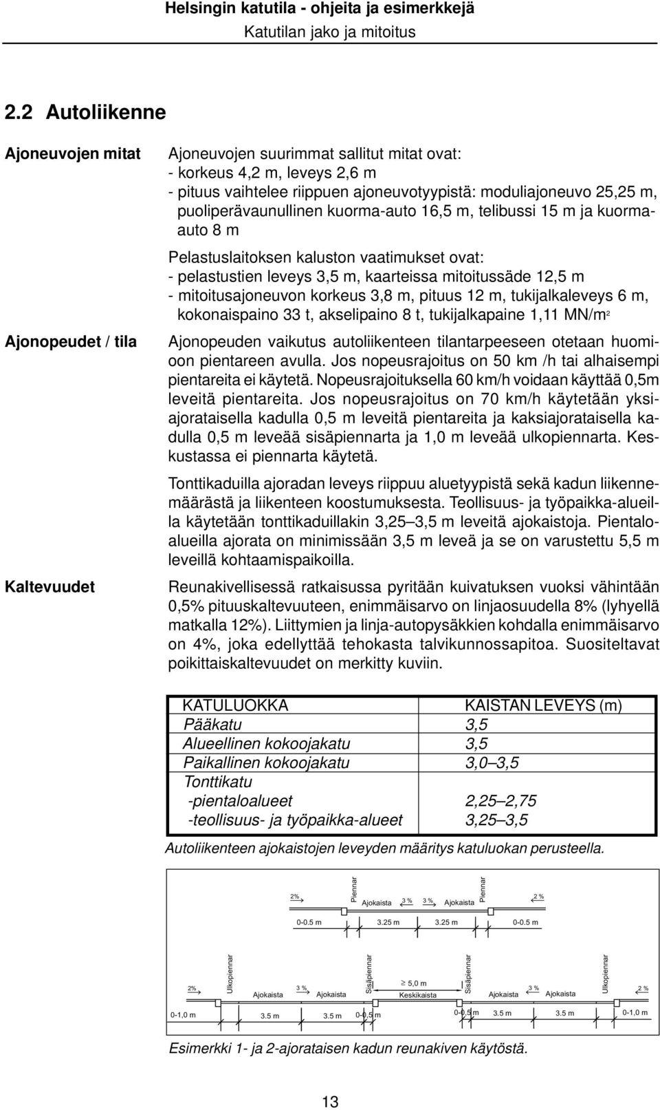 mitoitusajoneuvon korkeus 3,8 m, pituus 12 m, tukijalkaleveys 6 m, kokonaispaino 33 t, akselipaino 8 t, tukijalkapaine 1,11 MN/m 2 Ajonopeuden vaikutus autoliikenteen tilantarpeeseen otetaan huomioon