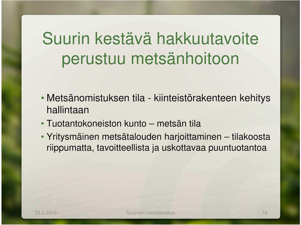 metsän tila Yritysmäinen metsätalouden harjoittaminen tilakoosta