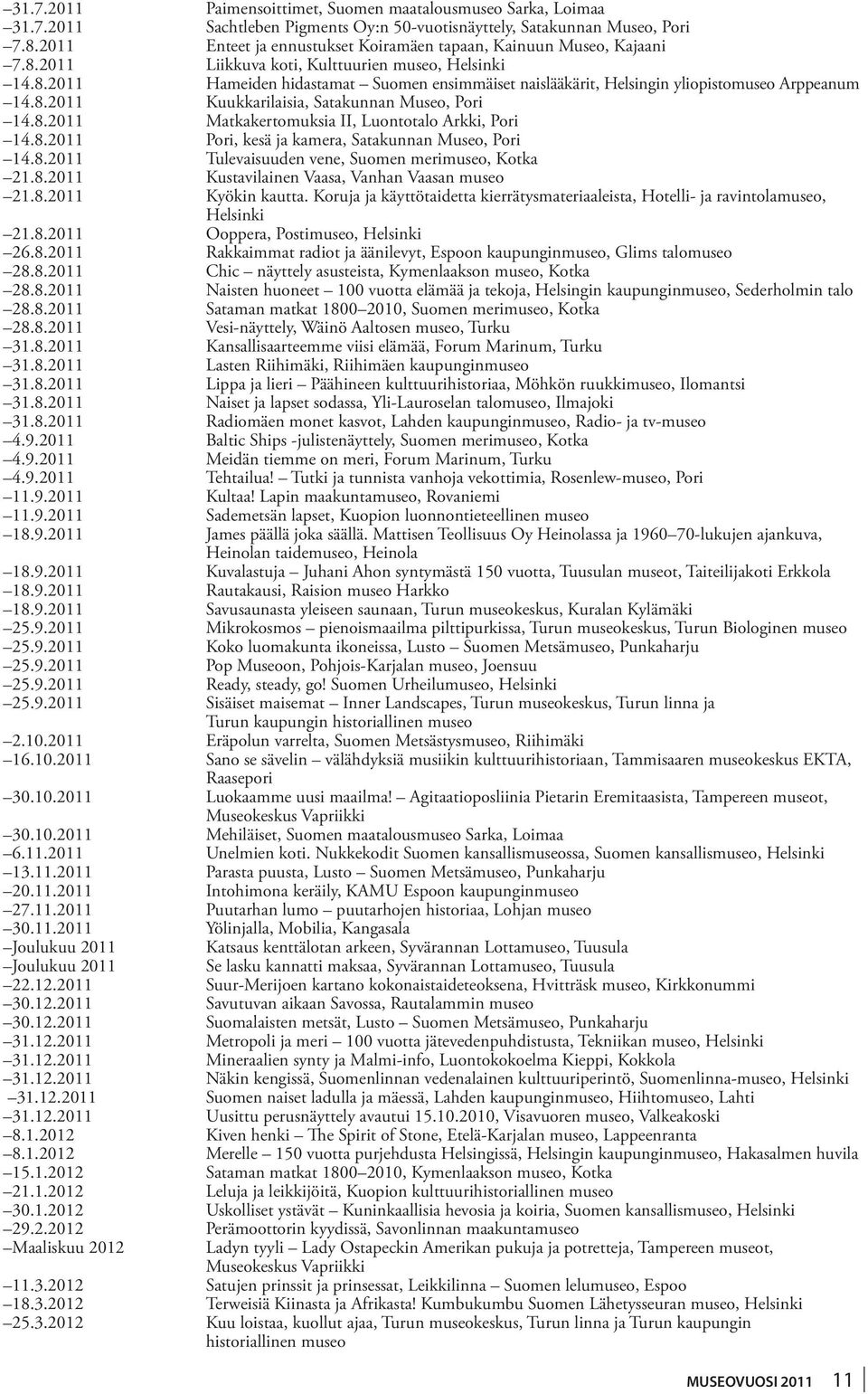 14.8.2011 Kuukkarilaisia, Satakunnan Museo, Pori. 14.8.2011 Matkakertomuksia II, Luontotalo Arkki, Pori. 14.8.2011 Pori, kesä ja kamera, Satakunnan Museo, Pori. 14.8.2011 Tulevaisuuden vene, Suomen merimuseo, Kotka.