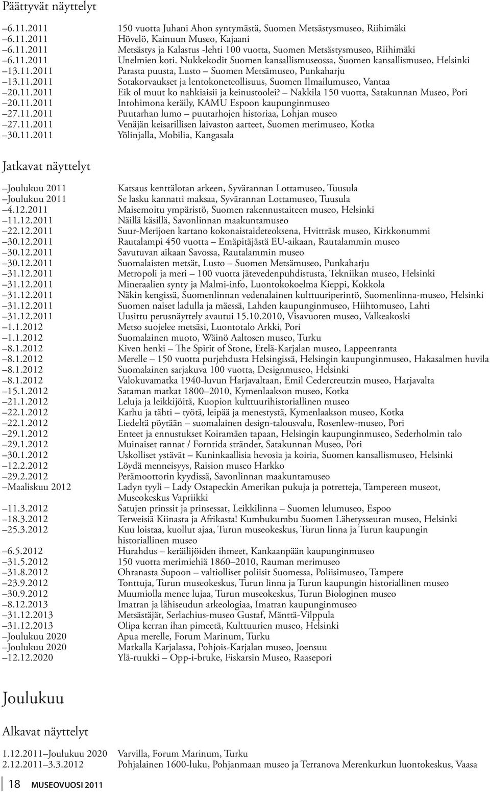 20.11.2011 Eik ol muut ko nahkiaisii ja keinustoolei? Nakkila 150 vuotta, Satakunnan Museo, Pori. 20.11.2011 Intohimona keräily, KAMU Espoon kaupunginmuseo. 27.11.2011 Puutarhan lumo puutarhojen historiaa, Lohjan museo.