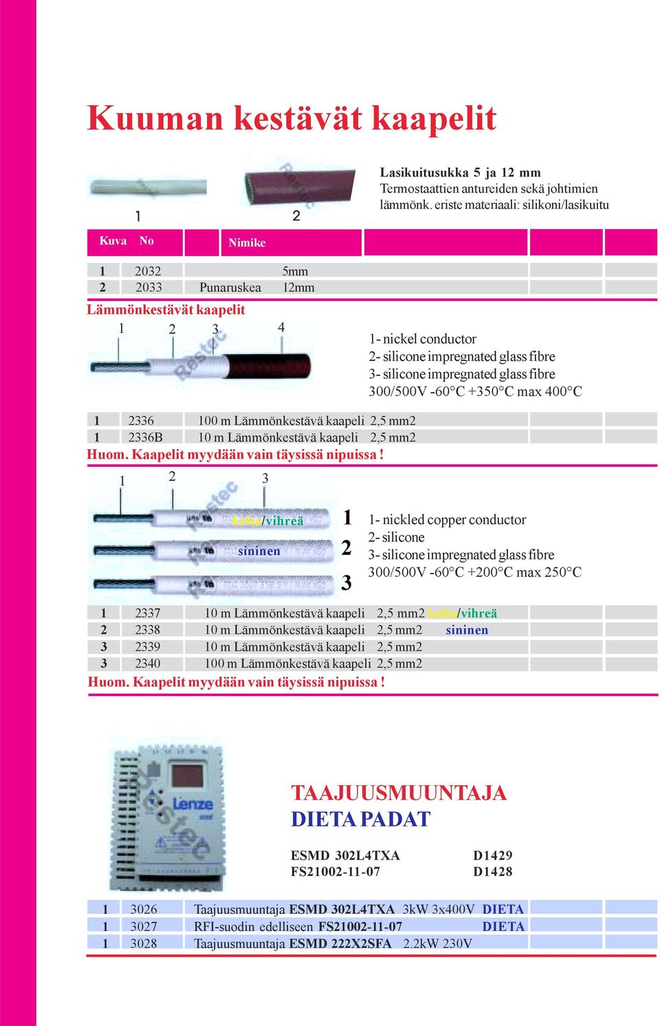 +0 C max 00 C 6 00 m Lämmönkestävä kaapeli, mm 6B 0 m Lämmönkestävä kaapeli, mm Huom. Kaapelit myydään vain täysissä nipuissa!