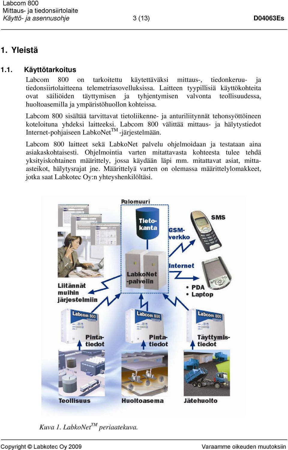 Labcom 800 sisältää tarvittavat tietoliikenne- ja anturiliitynnät tehonsyöttöineen koteloituna yhdeksi laitteeksi.