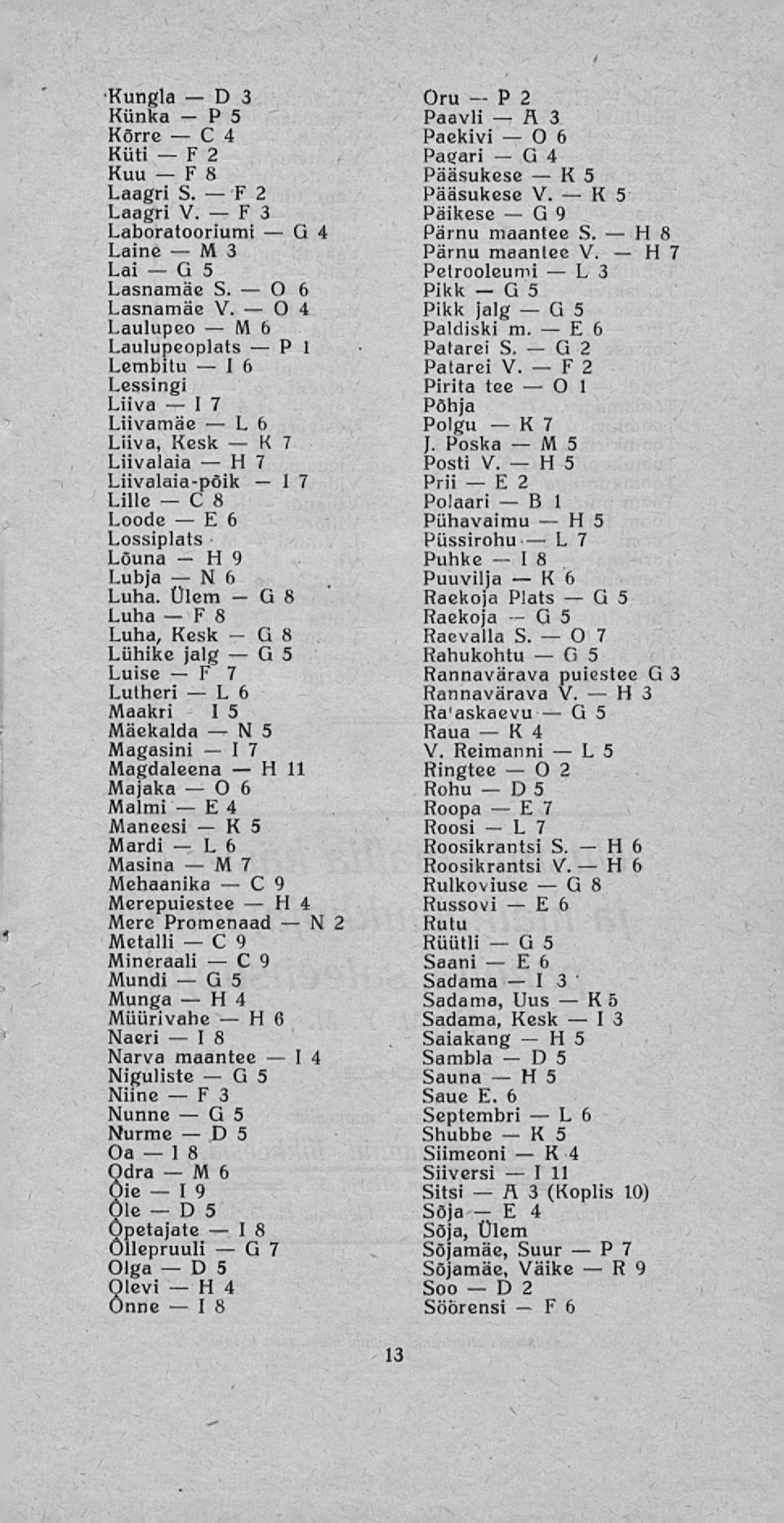 2 embitu 16 Patarei V. 2 essingi Pirita tee 1 iiva 17 Pohja iivamäe 6 Polgu 7 iiva, esk 7 J. Poska 5 iivalaia 7 Posti V.