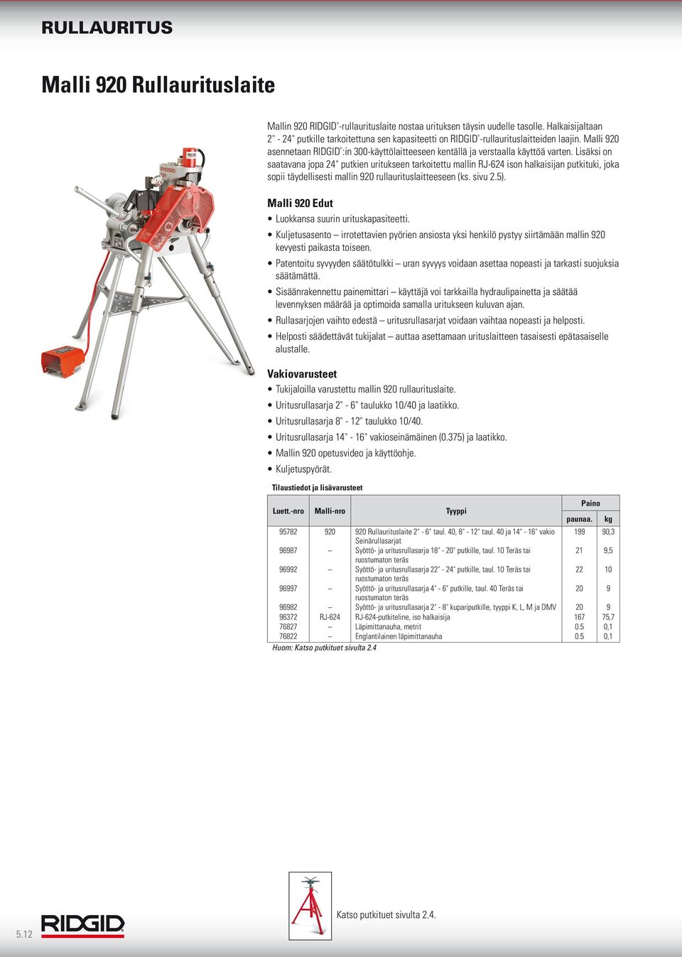 Lisäksi on saatavana jopa 24" putkien uritukseen tarkoitettu mallin RJ-624 ison halkaisijan putkituki, joka sopii täydellisesti mallin 920 rullaurituslaitteeseen (ks. sivu 2.5).