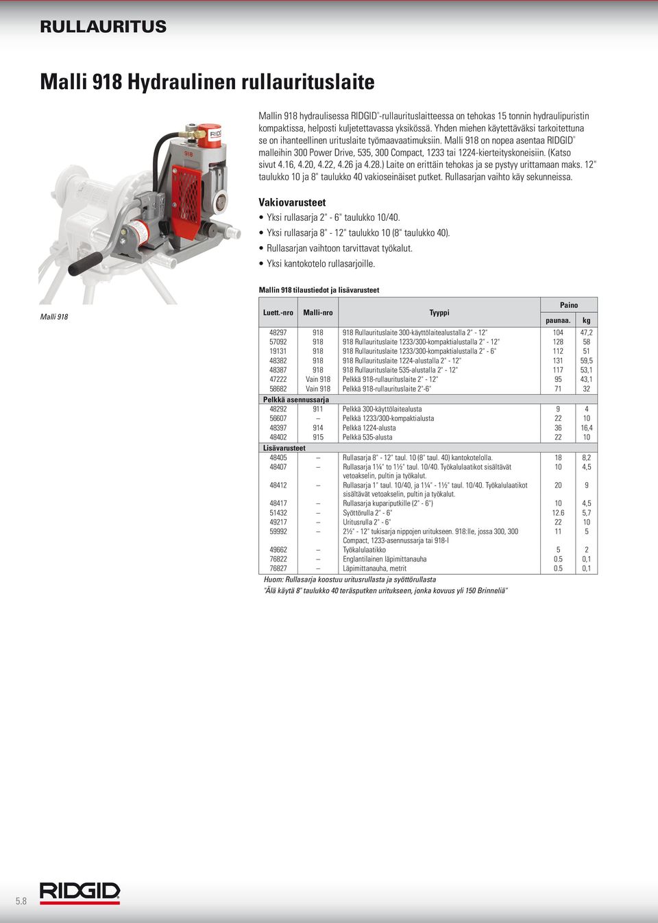 Malli 918 on nopea asentaa RIDGID malleihin 300 Power Drive, 535, 300 Compact, 1233 tai 1224-kierteityskoneisiin. (Katso sivut 4.16, 4.20, 4.22, 4.26 ja 4.28.