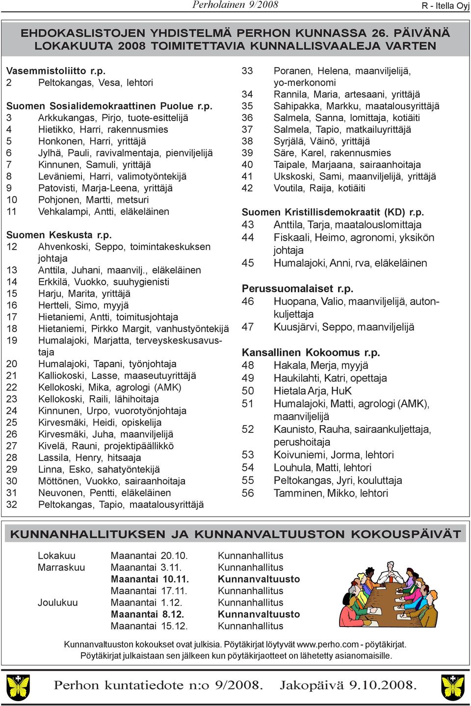 3 Arkkukangas, Pirjo, tuote-esittelijä 4 Hietikko, Harri, rakennusmies 5 Honkonen, Harri, yrittäjä 6 Jylhä, Pauli, ravivalmentaja, pienviljelijä 7 Kinnunen, Samuli, yrittäjä 8 Leväniemi, Harri,