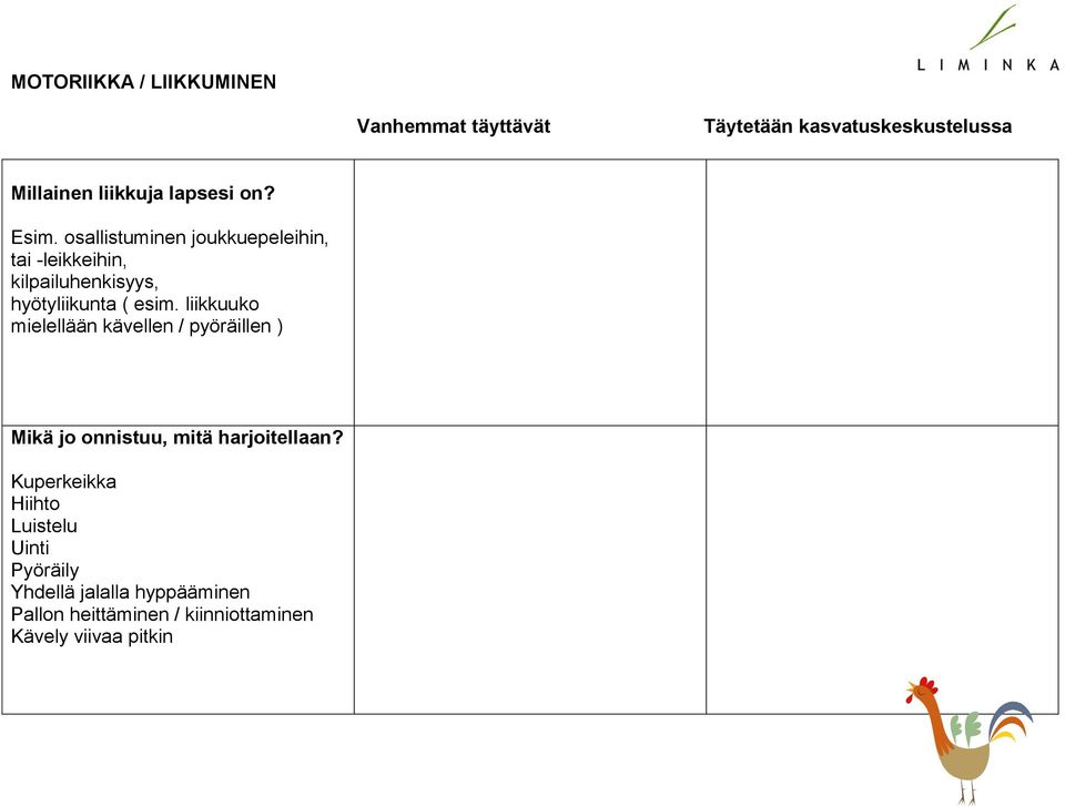 liikkuuko mielellään kävellen / pyöräillen ) Mikä jo onnistuu, mitä harjoitellaan?