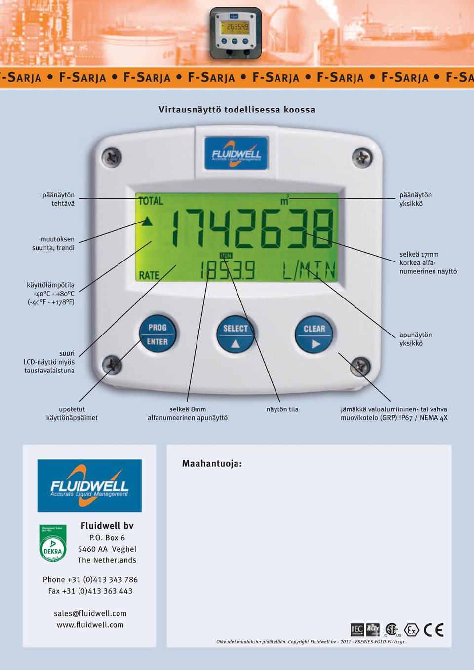 alfanumeerinen apunäyttö näytön tila jämäkkä valualumiininen- tai vahva muovikotelo (GRP) IP67 / NEMA 4X Maahantuoja: Fluidwell bv P.O.