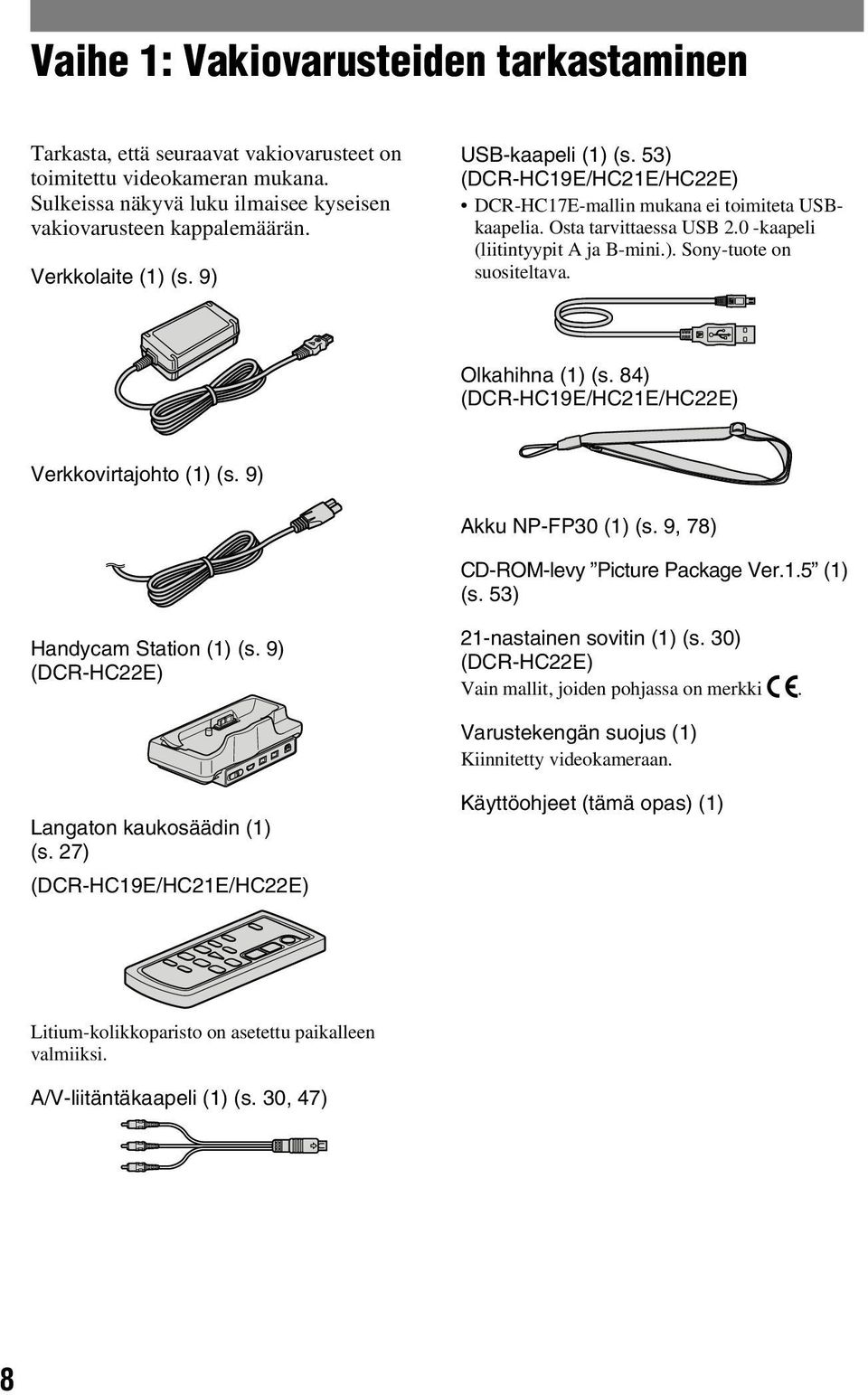 Olkahihna (1) (s. 84) (DCR-HC19E/HC21E/HC22E) Verkkovirtajohto (1) (s. 9) Akku NP-FP30 (1) (s. 9, 78) CD-ROM-levy Picture Package Ver.1.5 (1) (s. 53) Handycam Station (1) (s.
