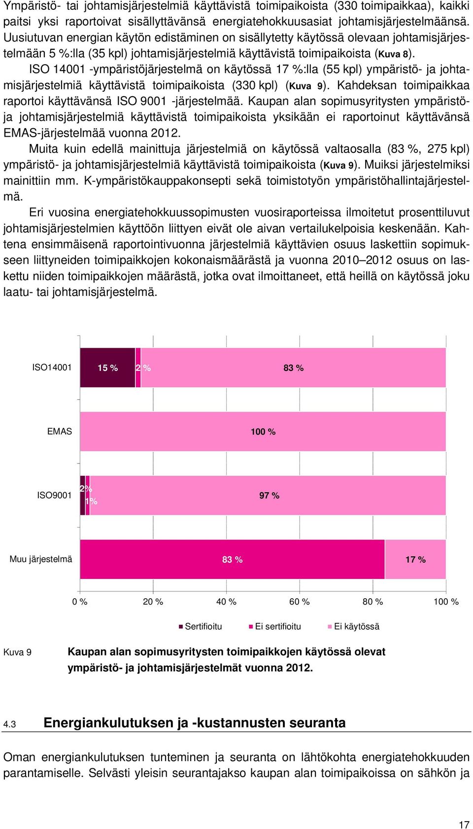 ISO 14001 -ympäristöjärjestelmä on käytössä 17 %:lla (55 kpl) ympäristö- ja johtamisjärjestelmiä käyttävistä toimipaikoista (330 kpl) (Kuva 9).