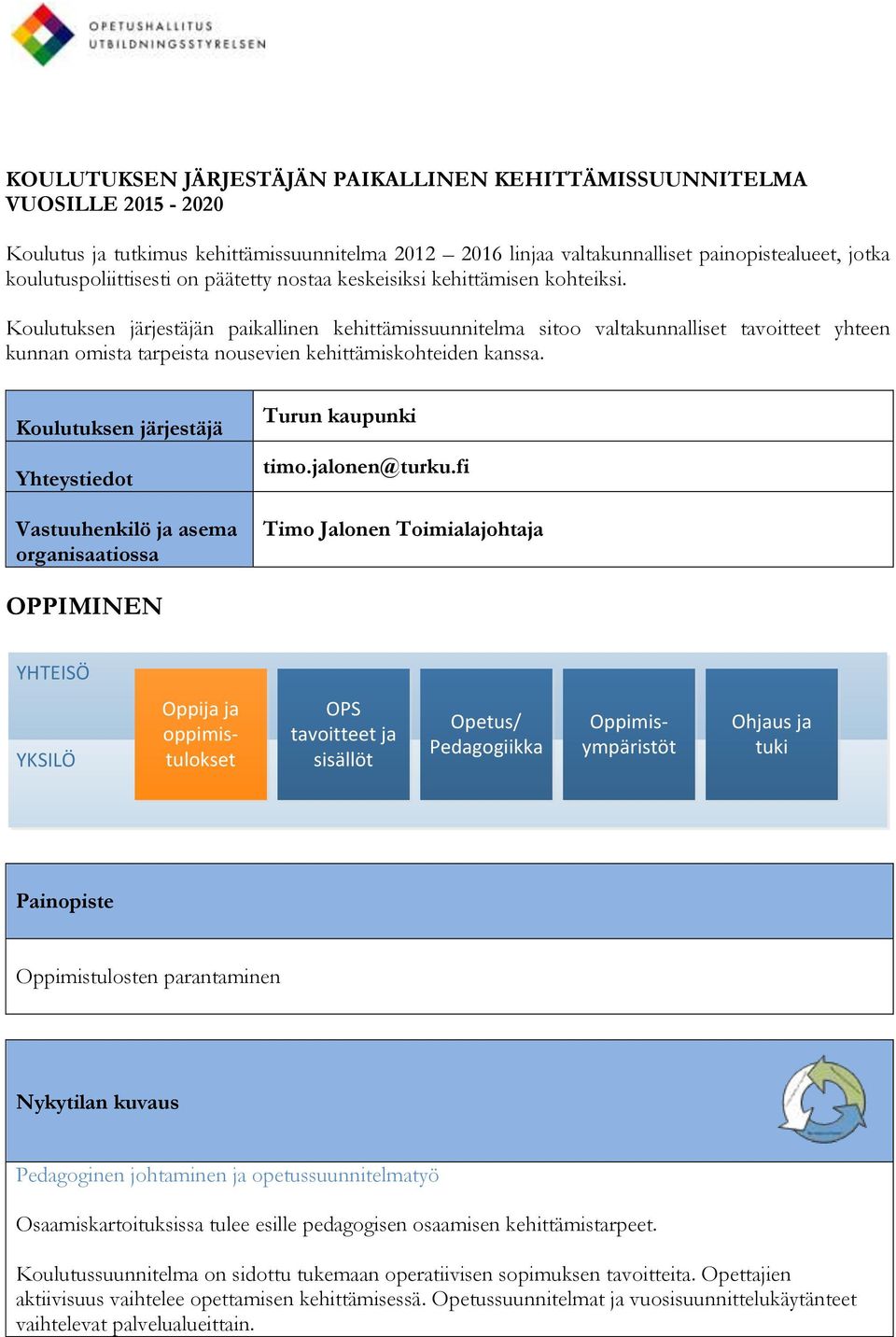 Koulutuksen järjestäjän paikallinen kehittämissuunnitelma sitoo valtakunnalliset tavoitteet yhteen kunnan omista tarpeista nousevien kehittämiskohteiden kanssa.