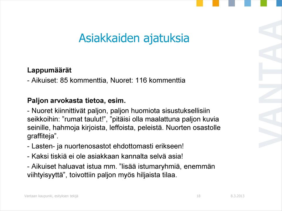 , pitäisi olla maalattuna paljon kuvia seinille, hahmoja kirjoista, leffoista, peleistä. Nuorten osastolle graffiteja.