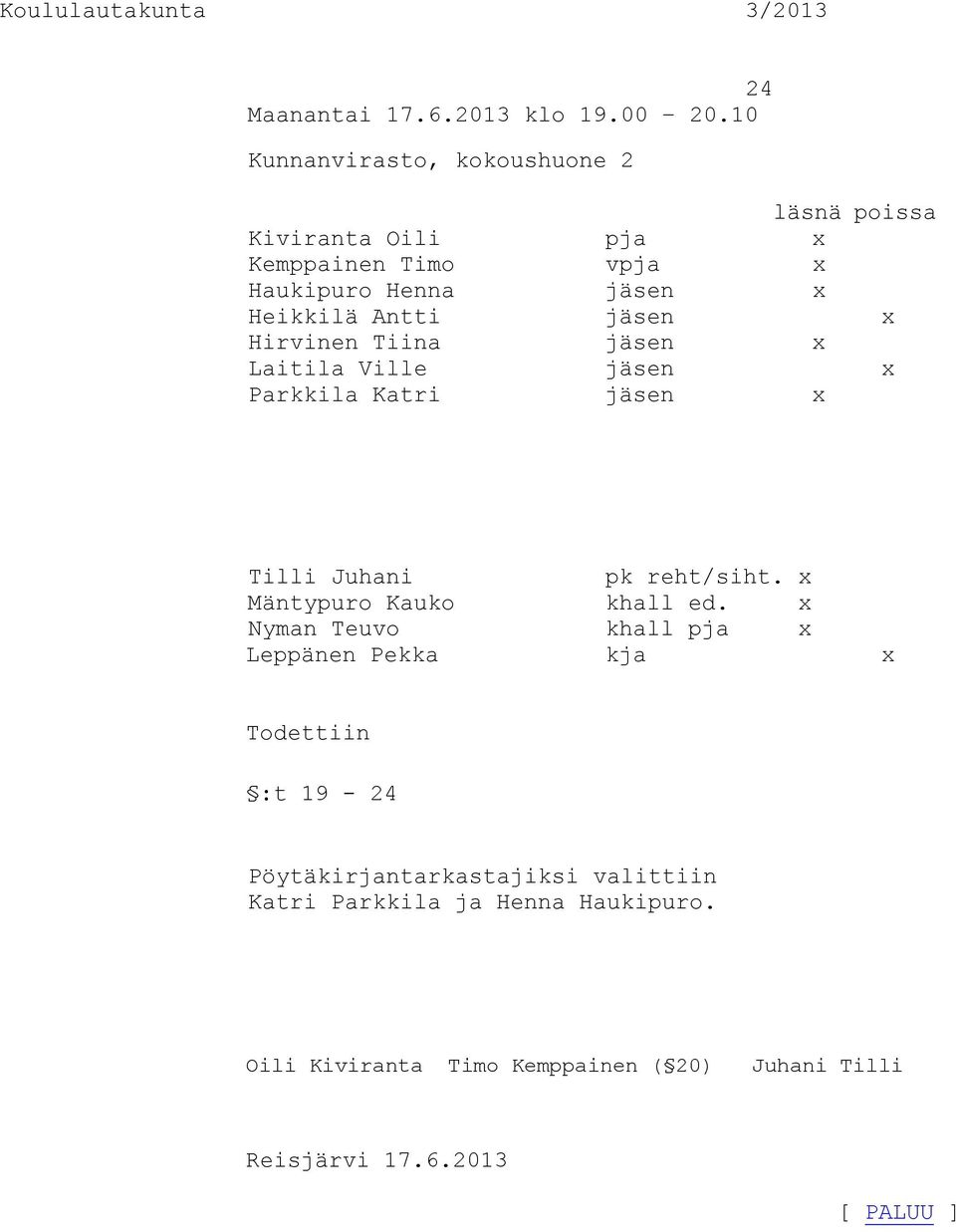 jäsen x Hirvinen Tiina jäsen x Laitila Ville jäsen x Parkkila Katri jäsen x Tilli Juhani pk reht/siht. x Mäntypuro Kauko khall ed.