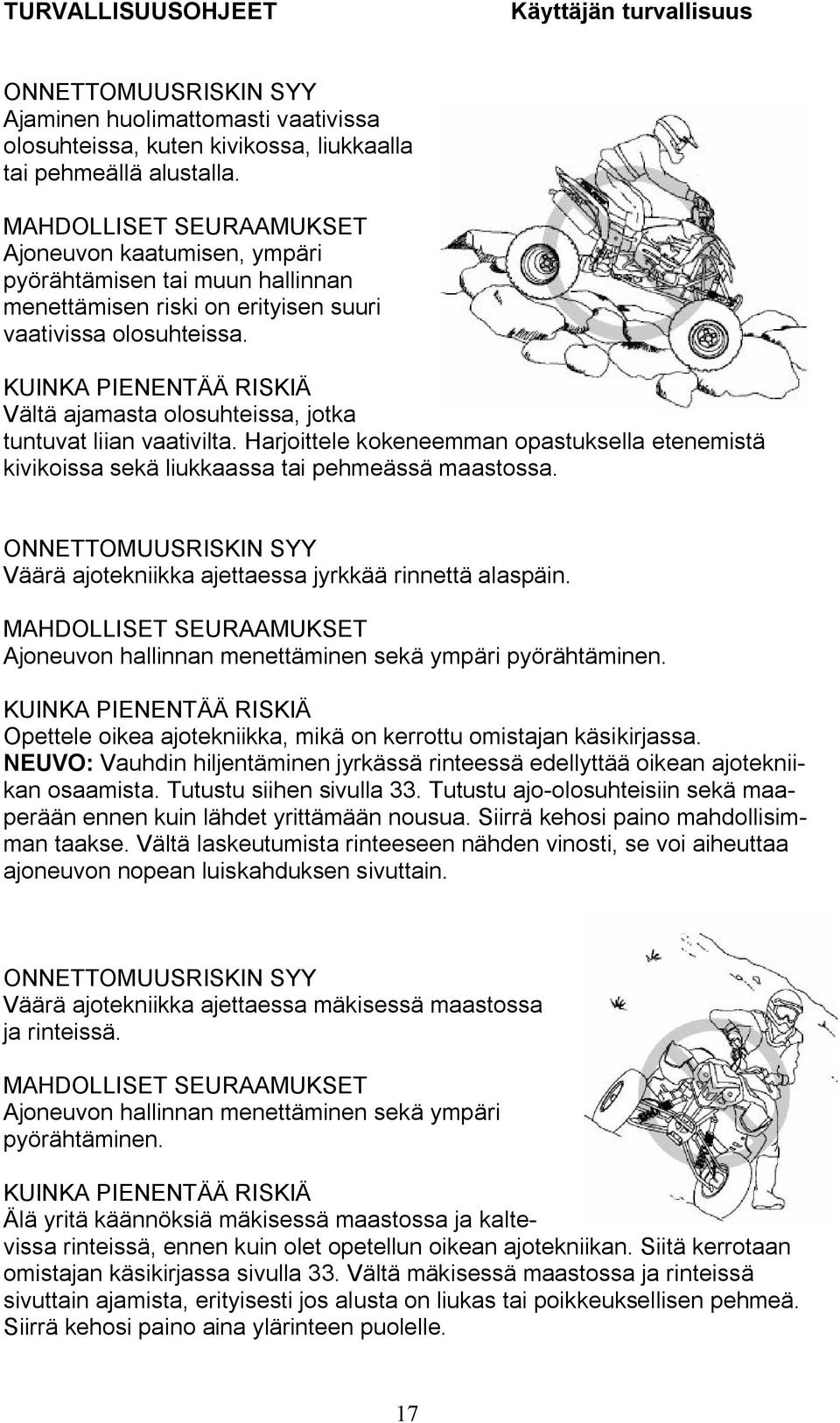 KUINKA PIENENTÄÄ RISKIÄ Vältä ajamasta olosuhteissa, jotka tuntuvat liian vaativilta. Harjoittele kokeneemman opastuksella etenemistä kivikoissa sekä liukkaassa tai pehmeässä maastossa.